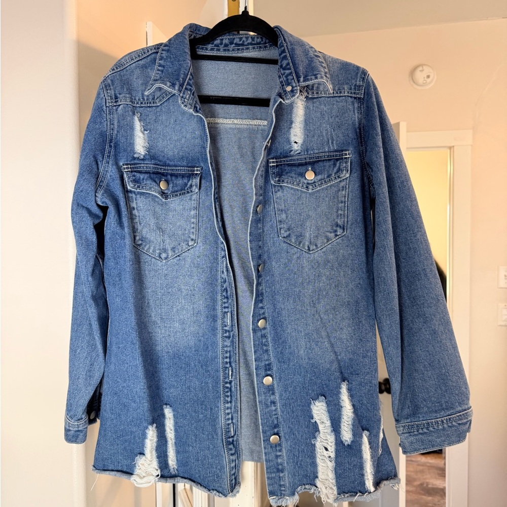 Denim Distressed Button-Front Jacket - Blue